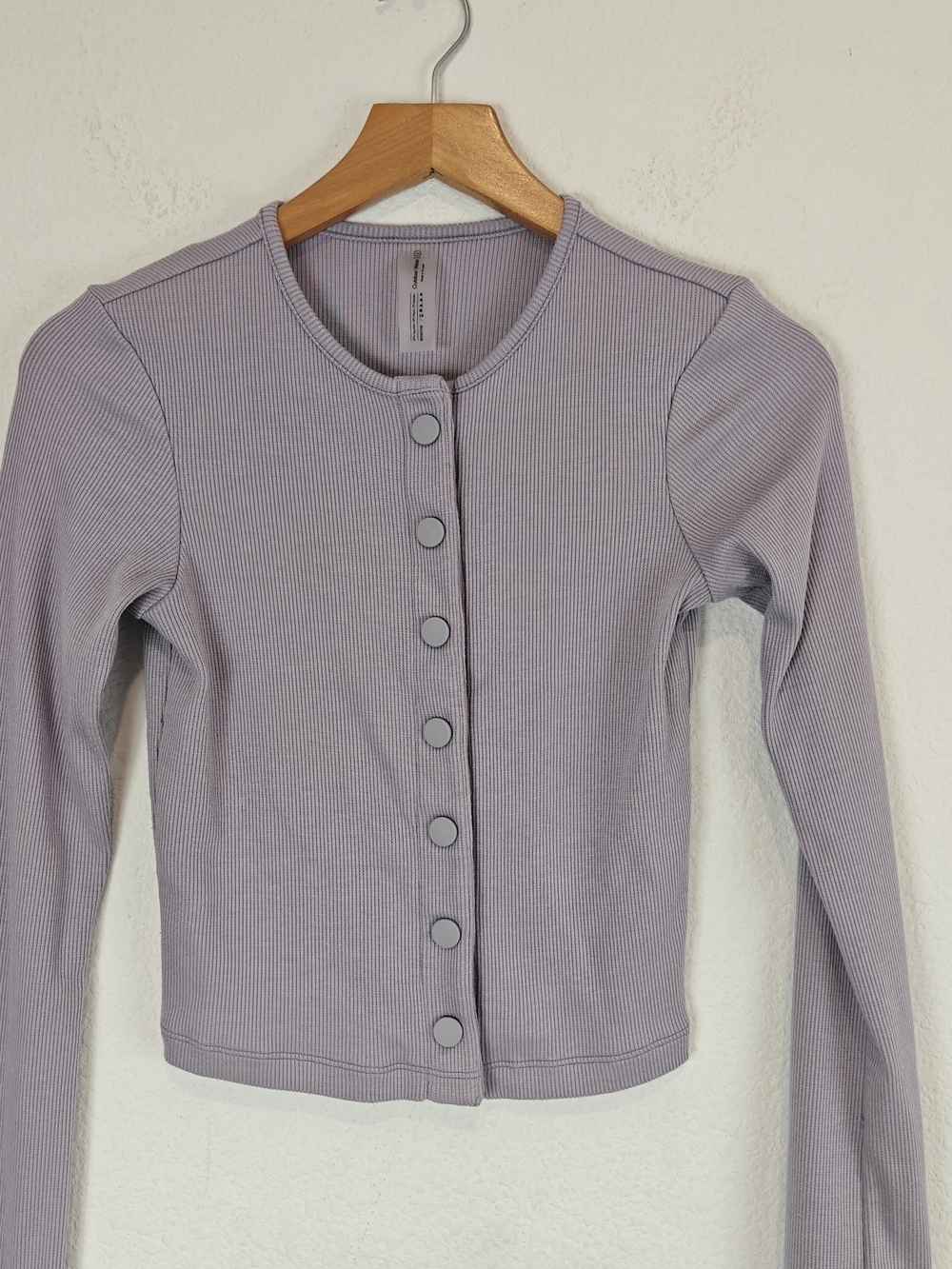 Outdoor Voices Cozy Rib Cropped Cardigan Earl Grey/Lavender Soft Girl Athleisure - Picture 5 of 13